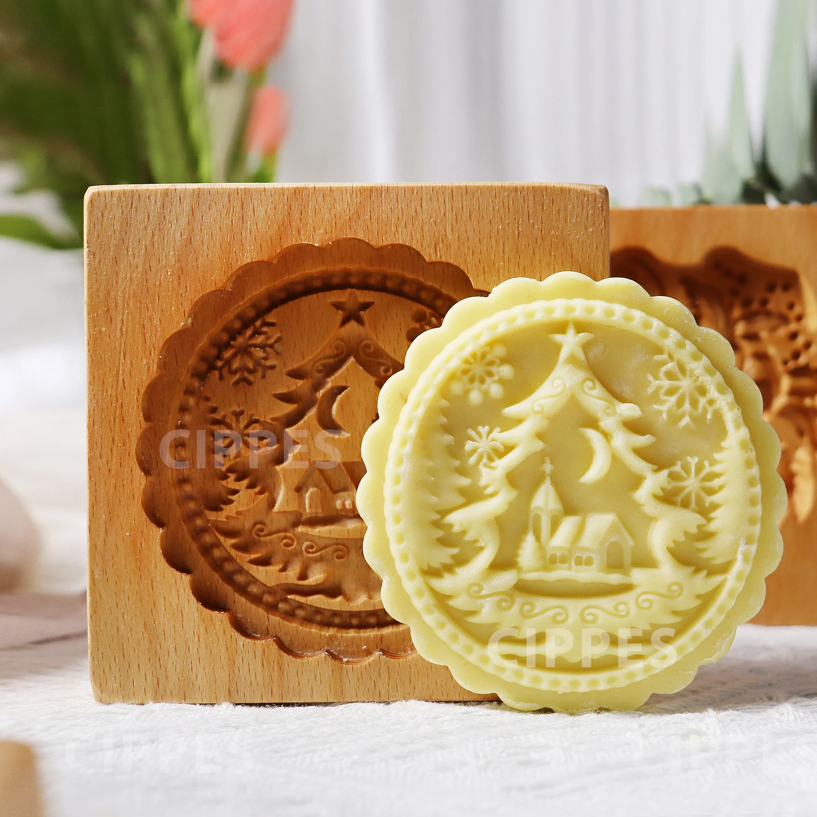 Wood Cookie Molds with Moon Tree Pattern, Christmas DIY 3D Carved Embossed Cookie Cutter Moulds Baking, Fondant Cake Biscuit