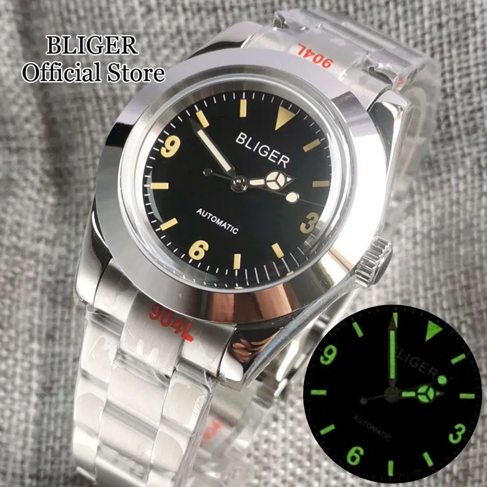 

BLIGER 39mm 36mm NH35A Automatic Watch Men Luminous Black Dial Polished Bezel Domed Glass Stainless Steel Steel Bracelet