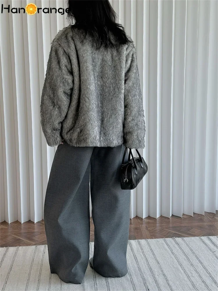HanOrange 2024 Winter Retro Imitation Fur Eco Long Hair Parkas Women Fluffy Warm Comfortable Quilted Jacket Gray