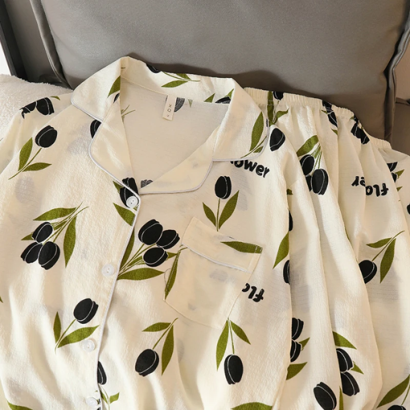 

Trendy Print Women's Spring New Pajamas 2024 100% Polyester Long Sleeve Pant Female Sleepwear Fashion Classy Home Lounges Y2k