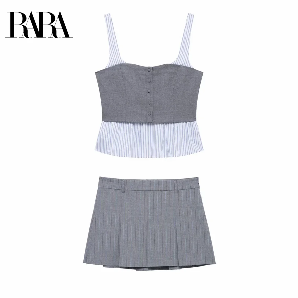 여성 포플린 스트라이프 스티칭 라운드넥 스트랩 탑, 핀스트라이프, 분위기 있는 패션, 미드 웨이스트 미니 스커트, 2025 RARA 용수철 신상