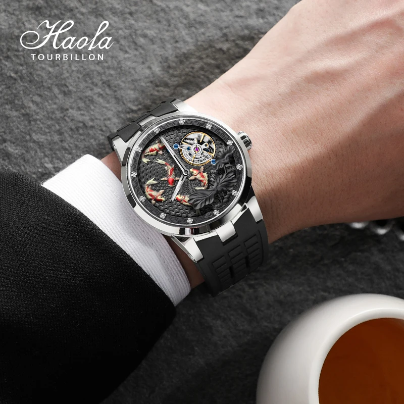 Haofa Karrusel Mechanical Mens Wristwatch Luxury Sapphire 3D Engraving Rotating Carrousel Watches for MenWaterproof Casual 1951