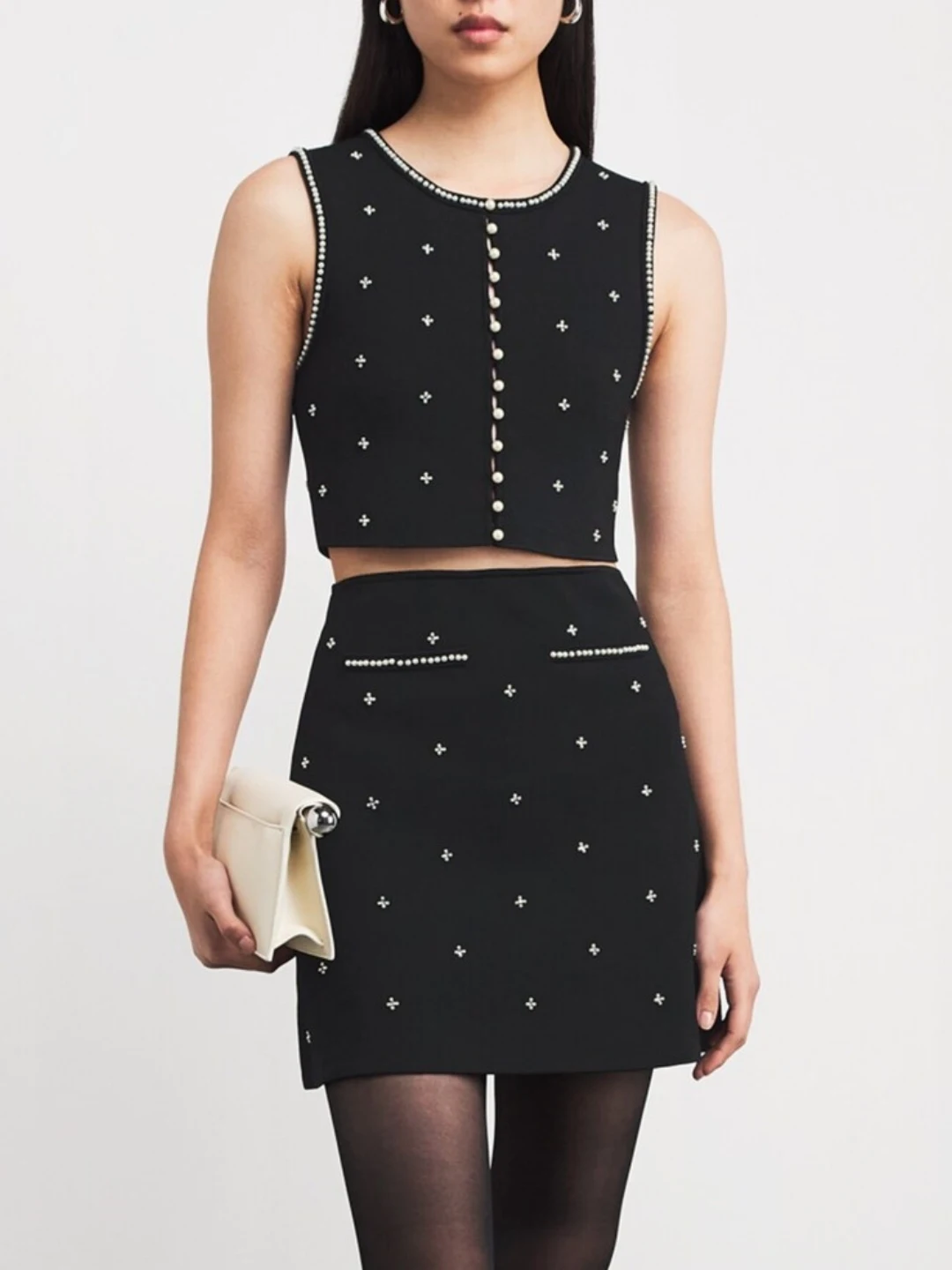 

French Sle ort High Waist round Ne Slim Fit Top And f Skirt Set Faionable Anti-Aging Pearl Embellied Spring Summ...