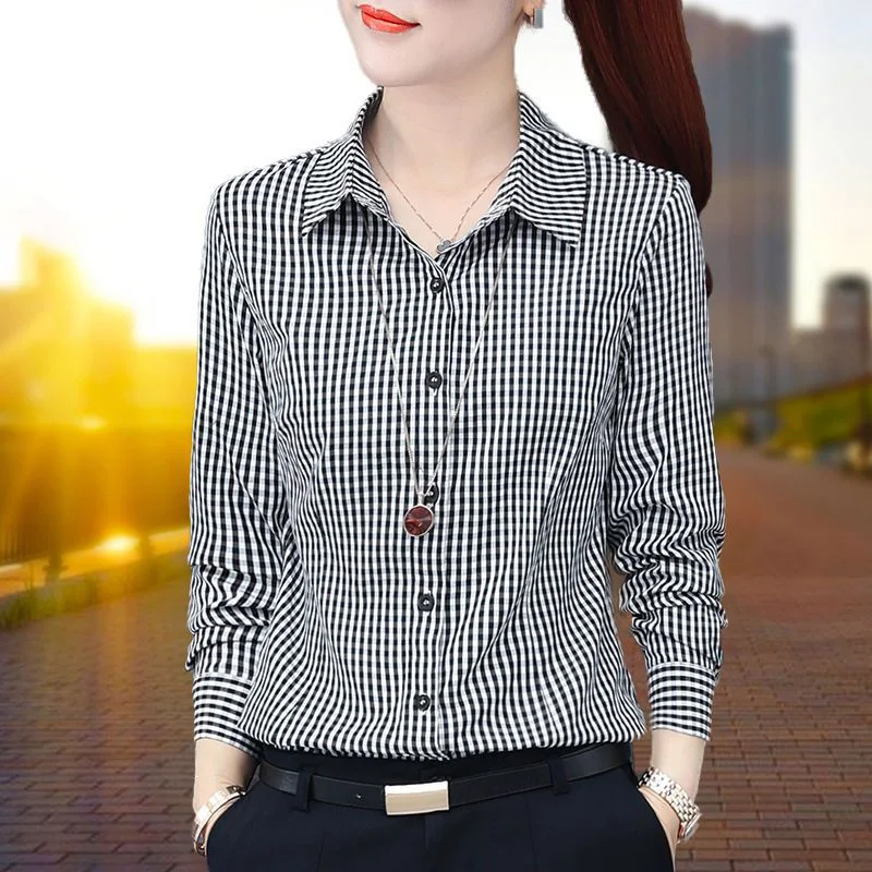 Camisa solta de botão de lapela, treliça coreana, roupa feminina, blusa casual de grandes dimensões, moda, novo, outono, 2023