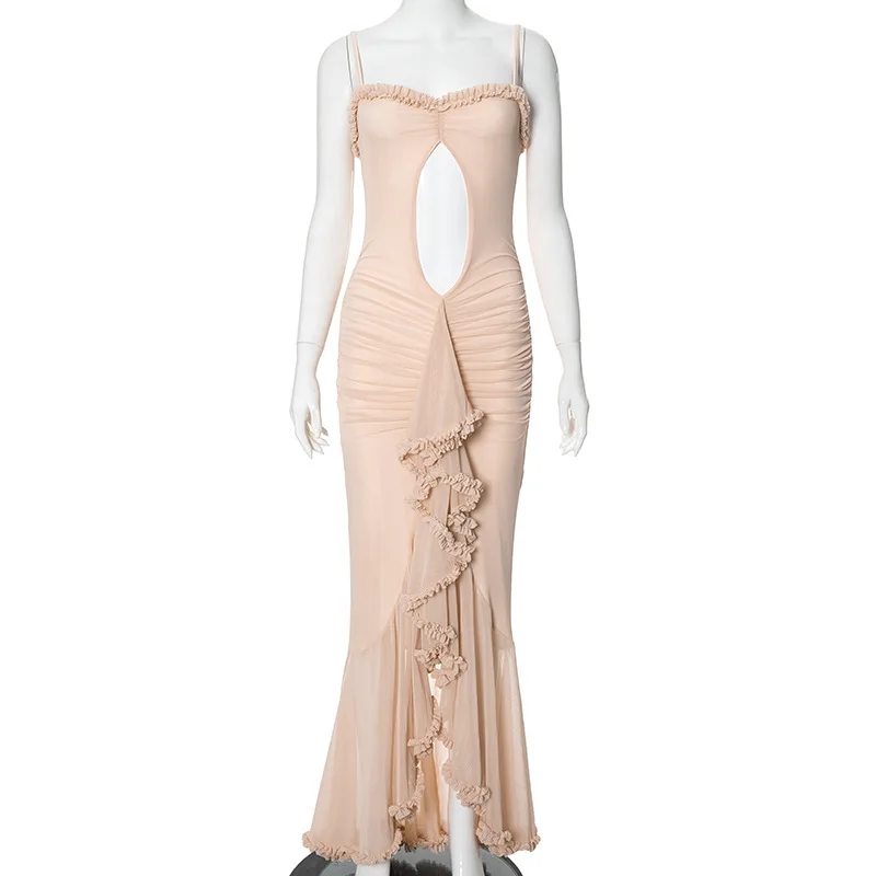 Summer 2024 Pure Color Lace Trim ter Dr Women's Faion High Waist Long Skirt No Sve Polyester Spring Autumn Winter