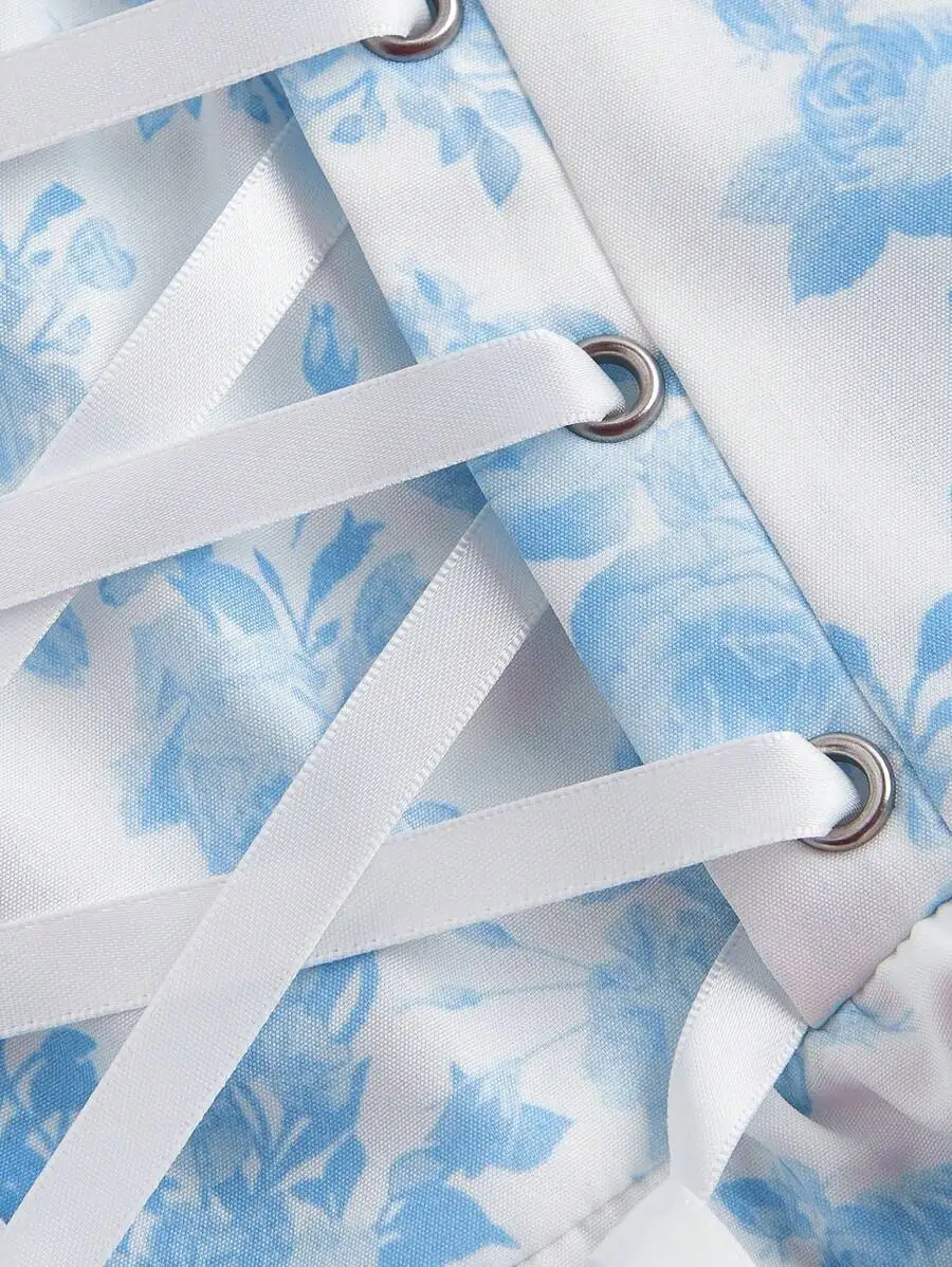 

Blue And White Floral Print Lace Trim Cami Strap Mini Dress With Criss-Cross Back For Women Spring Date Outfit