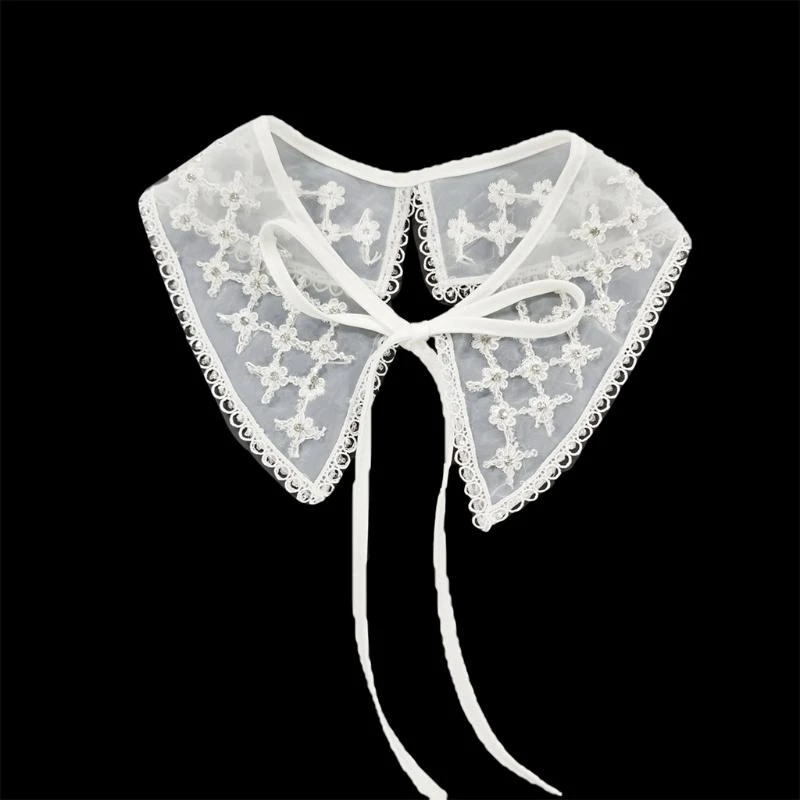 Women Embroidery Floral Plaid Pattern White False Collar Shawl Imitation Crystal Embellished DIY Necklace Lace Trim Dickey Mini
