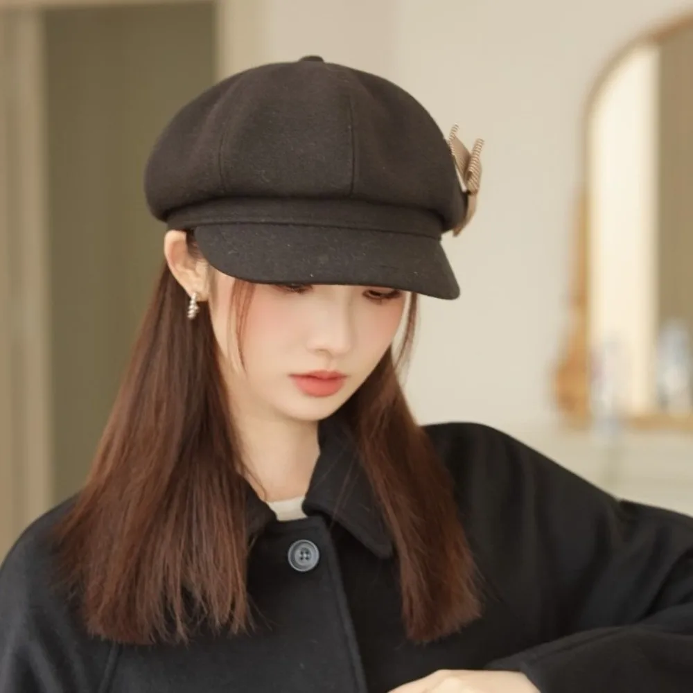 أزياء الصوف القوس قبعة دافئة بلون الرسام قبعة Y2k الكورية نمط موزع الصحف قبعة الخريف الشتاء #4