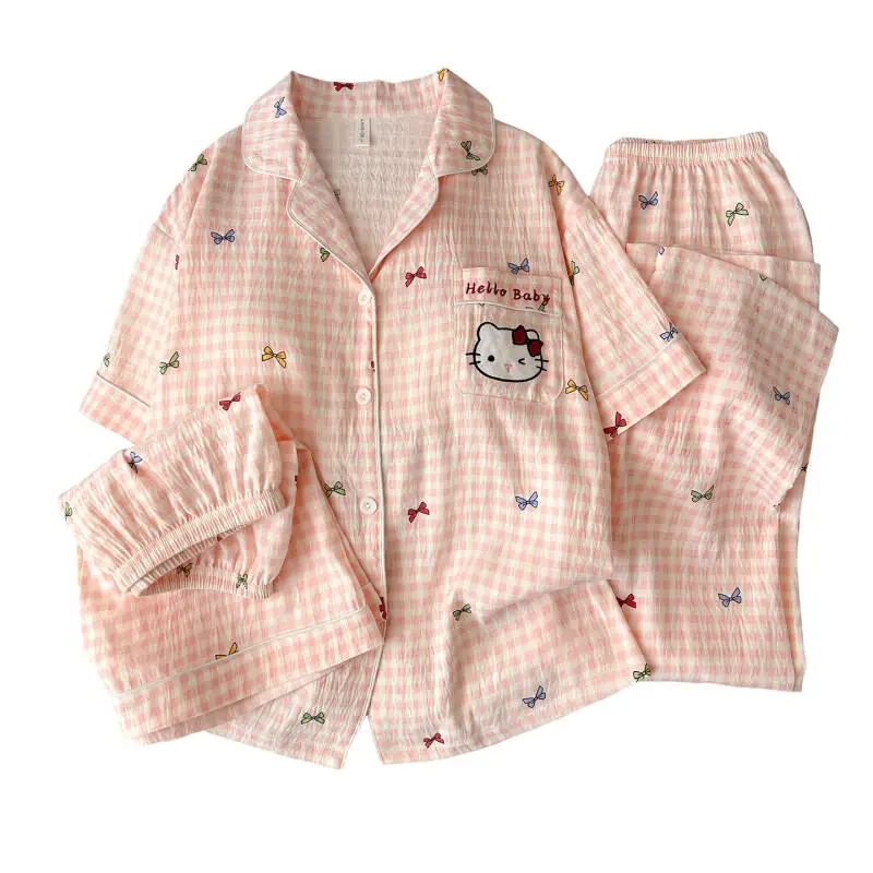 Hello Kitty Women's Pajamas Three-Piece Short-Sleeved Suit with Chest Pad Shorts Comfortable Home Clothes Can Be Worn Outside view 5