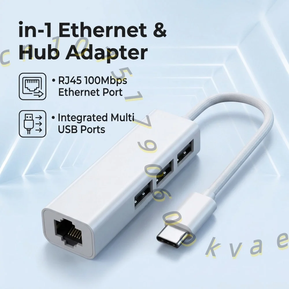 USB/Type-C Ethernet Adapter & 3-Port USB 2.0 Hub Combo - 100Mbps RJ45 LAN Network for MacBook, Phone, Tablet - Driver Free