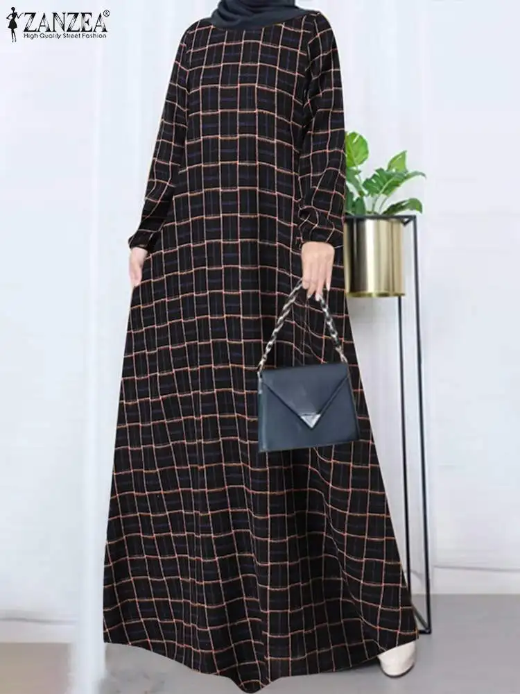 Vintage Grid Printed O-Neck Loose Dresses ZANZEA Muslim Maxi Long Dress Bohemian Fashion Sundress Holiday Ramadan Casual Kaftan