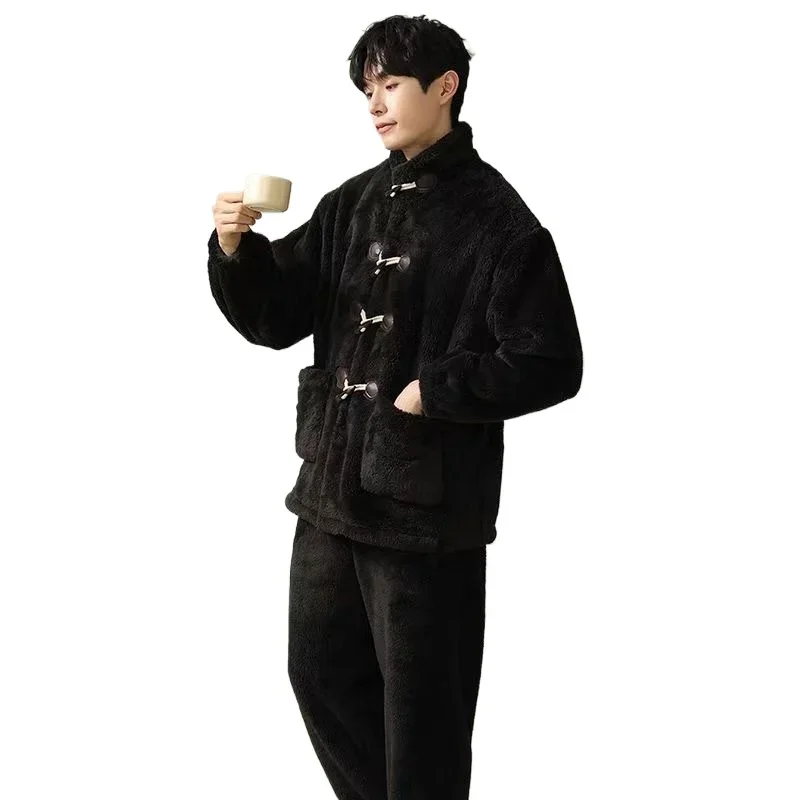 Winter Simple Loose Warm  Thick Cardigan Leisurely Long Plush Jacquard Fleece Men's Fashionable Pajamas Plus Size Loungewear