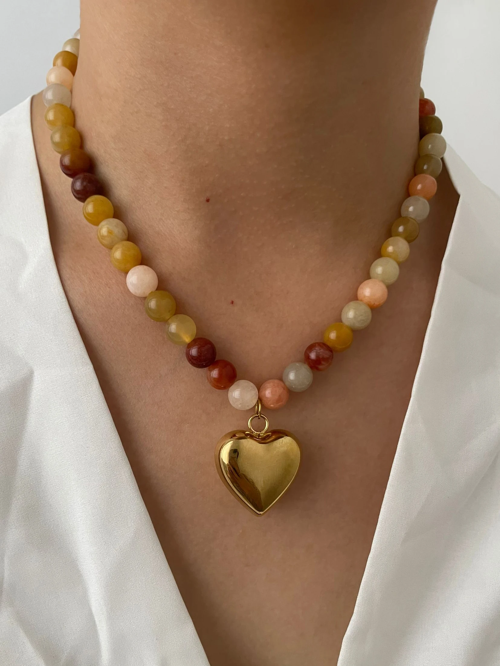 Peri\'sbox Bohemia Multi-color Natural Stone Handmade Beaded Chain Waterproof Trendy Gold Plated Heart Pendant Necklace for Women
