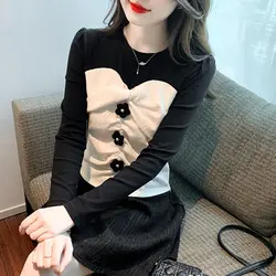 Contrast Patchwork Slim T Shirts Long Sleeve Pleated Korean Fake Two-piece Tops Tees Spring Autumn Fashion Sweet Women Clothing