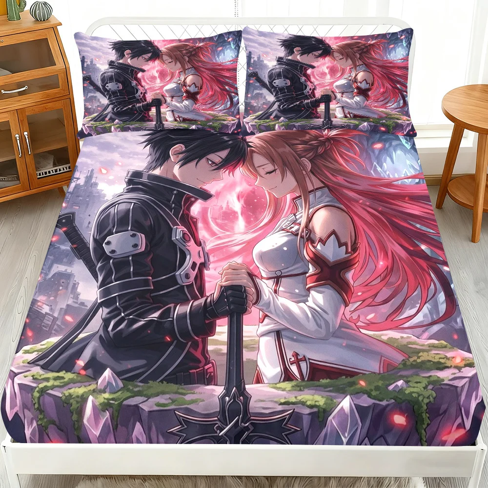 Anime fantasy couple three-piece fitted sheet set, 2D digital print bedding set (includes 1 fitted sheet + 2 pillowcases), mattress protector, fitted elastic style, protective cover, mattress protector, fitted bedding set