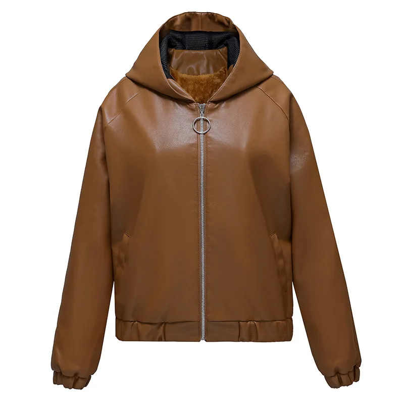 الخريف الشتاء المخملية الدافئة تقليد سترة جلدية النساء ملابس خارجية موضة قصيرة فضفاضة مقنعين سترة جلدية الإناث بلايز عادية #1