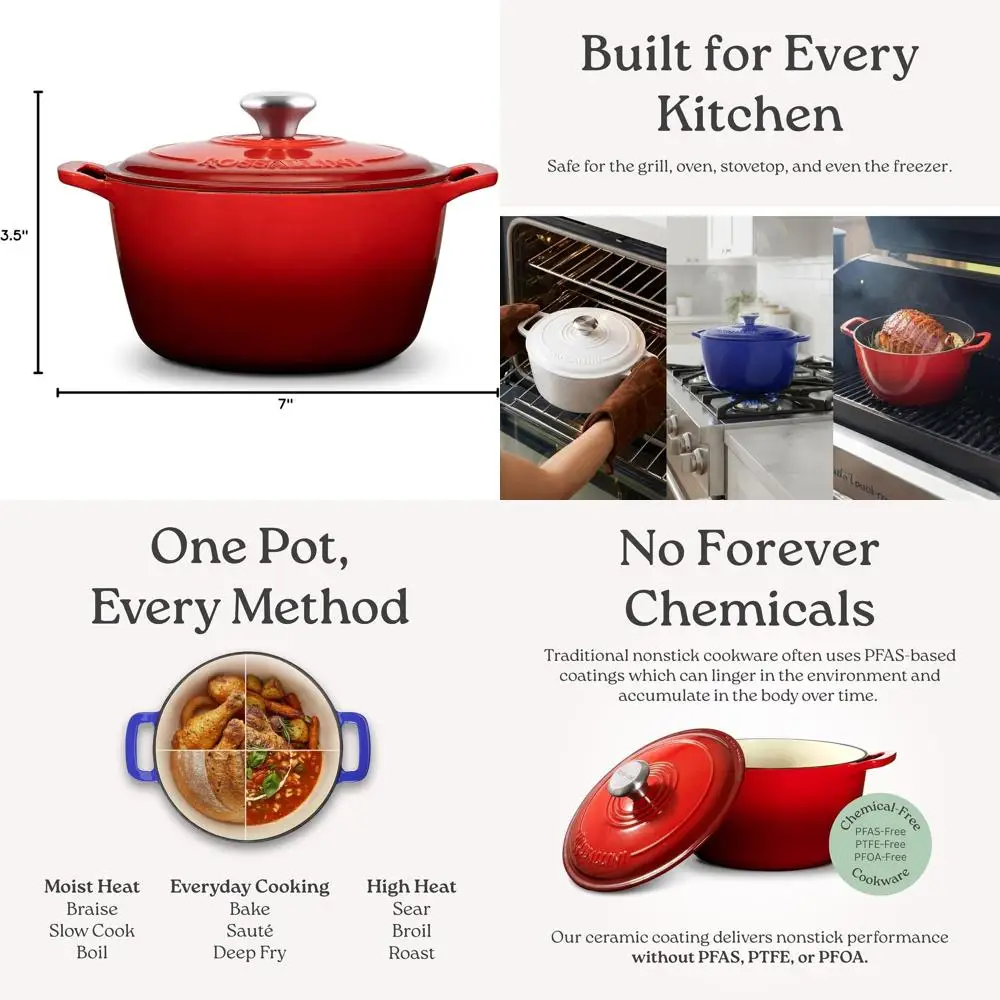 

Enameled Cast Iron Dutch Oven, Non-Stick Serving Pot with Lid, Perfect for Roasting, Baking, Sautéing, Bread Making | 2Q (1.9L)