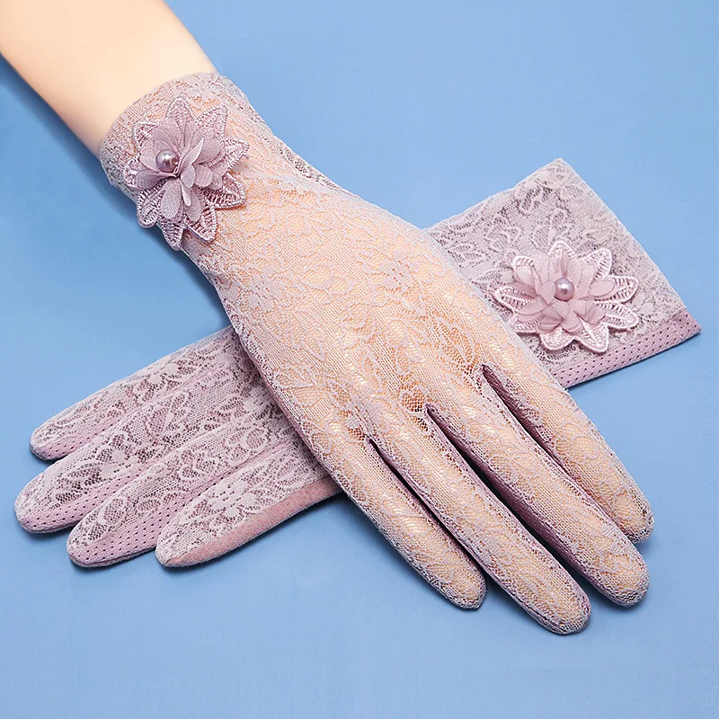 

Lace Flower Elegant Breathable Women Summer Sexy Hollow Sunscreen Anti-UV Drive Cycling Touch Screen Gloves Short Pearl gloves