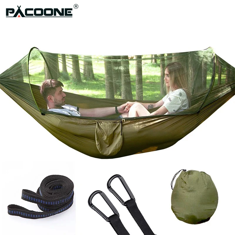 

Гамак PACOONE (одноместный/двухместный) из нейлона с автоматической быстрой установкой и москитной сеткой для кемпинга, походов и туризма