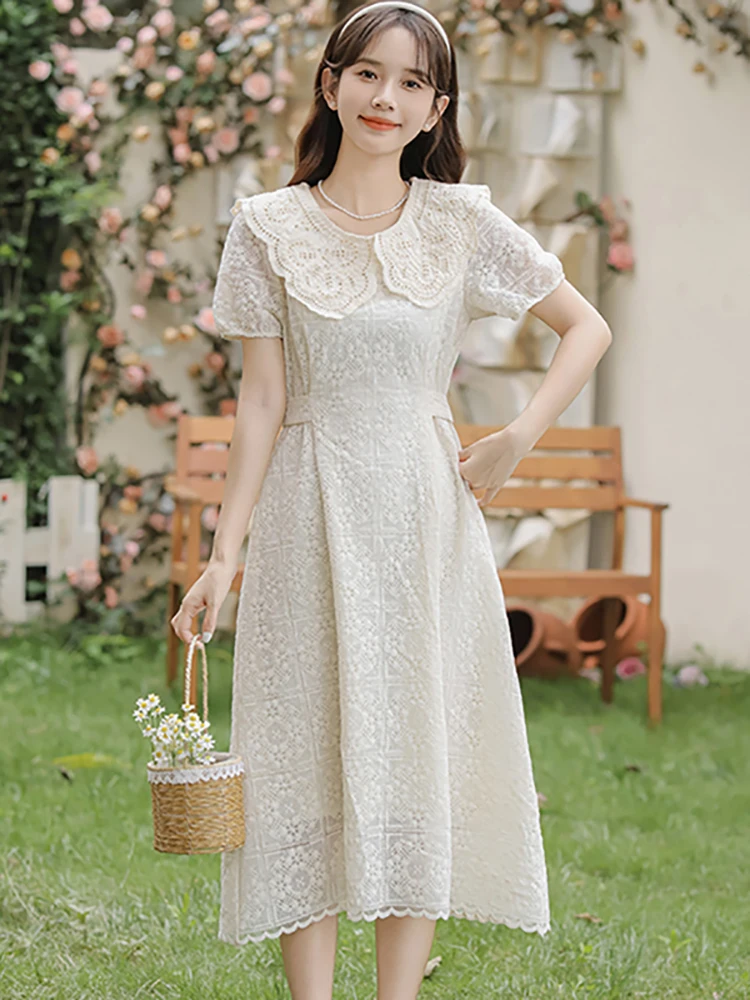 2025 White Lace Hook Flower Hollow Luxury Long Dress Summer Puff Sleeve Doll Collar Casual Dress Women Korean Vintage Prom Dress