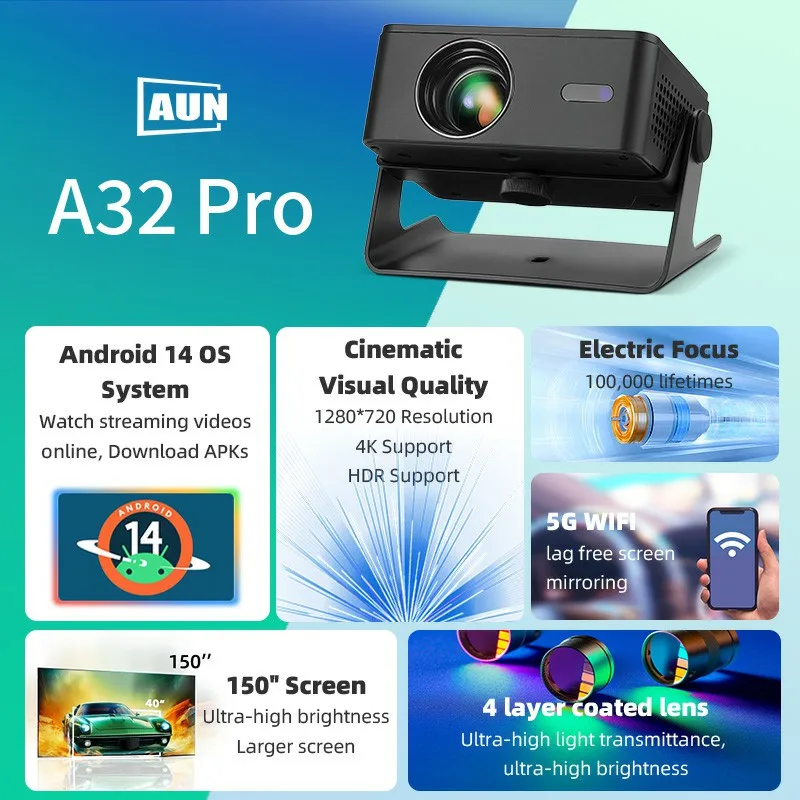 AUN A32 Pro Android 14 Projector Portable Cinema Home Theater MINI LED Projector 3D WIFI for Phone Computer 4K Video 1080P Movie
