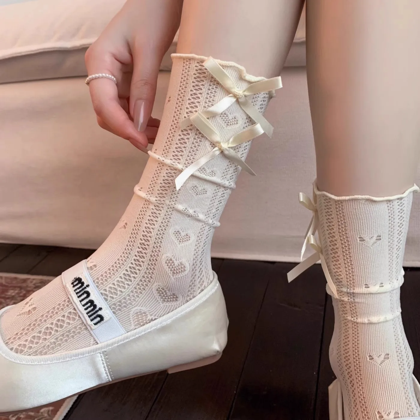 Lace socks, women's bow hollow mesh breathable summer thin stacking socks