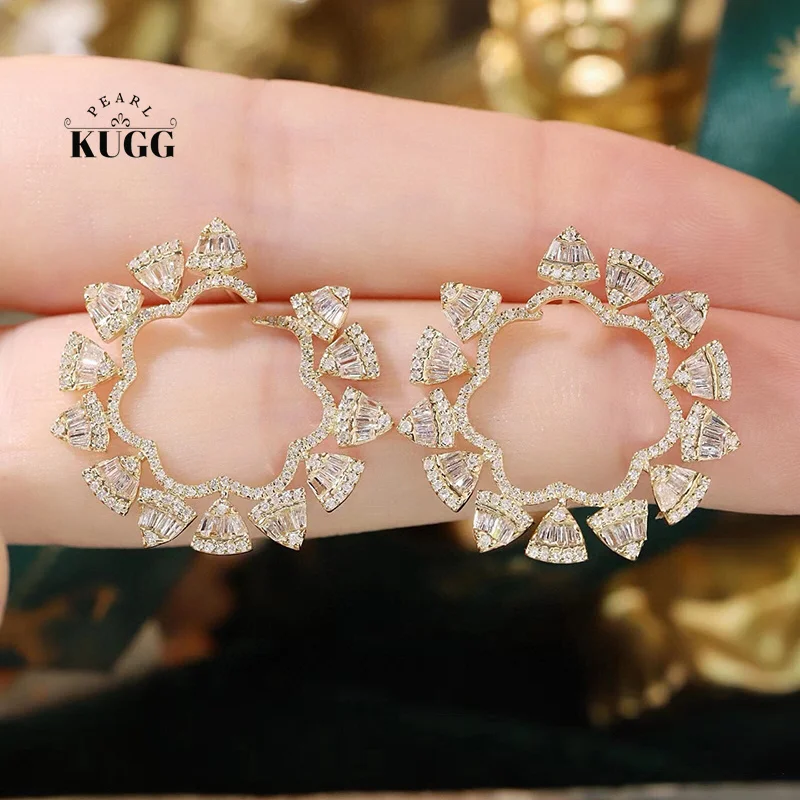 KUGG 100% 18K Yellow Gold Earrings Luxury 1.20carat Real Natural Diamond Drop Earrings for Women Vintage Style High Jewelry