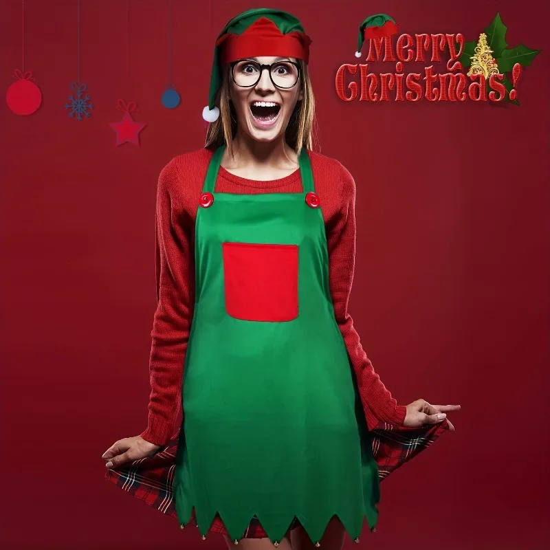 

Рождественский тканевый фартук и шляпа, комплект для косплея, домашнее рождественское украшение, рождественский комплект фартуков со шляпой, зеленый, красный фартук