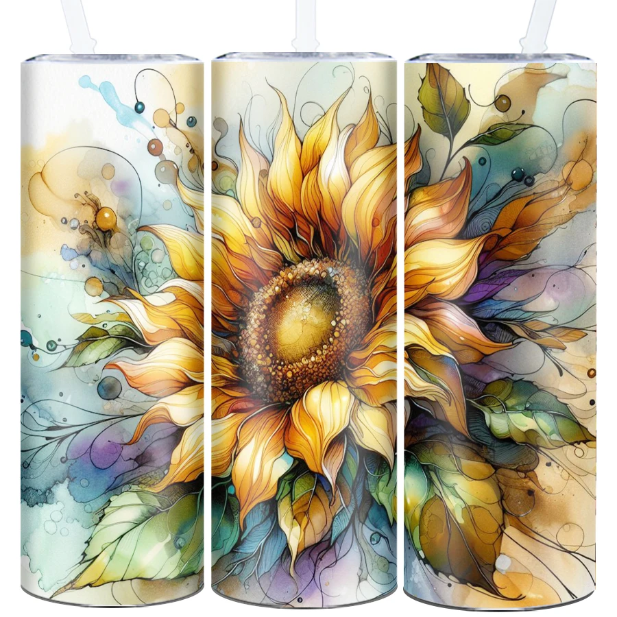 1Pc Drink Bottle Straw Lid 20oz Large Capacity Stainless Straight Coffee Cups 3D Print Sunflowers Mug Halloween Christmas Decors