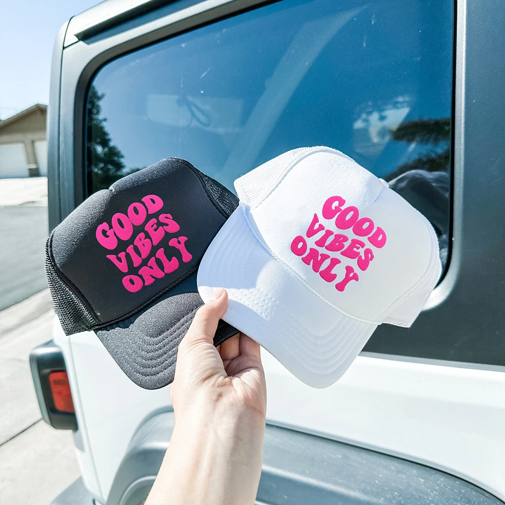 GOOD VIBES ONLY Trucker Hat  High Quality 3D Foam Printing Baseball Cap Summer Beach Woman Mesh Cap Adjustable Buckle Unisex