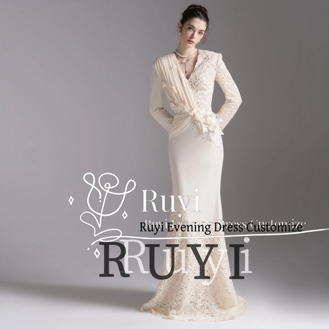 Customized V-Neck Lace Long Sleeves Patchwork Evening Dresses with 3D Flowers Elegant Women Party Dress Prom Gown