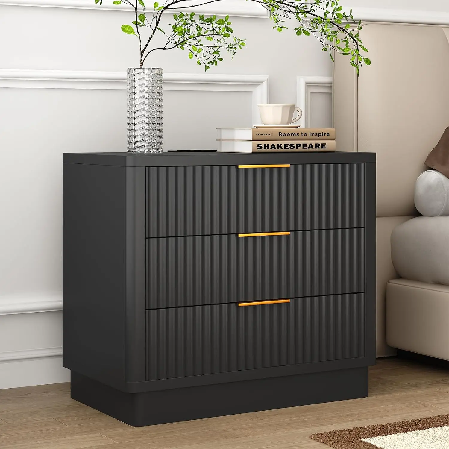24 Inch Fluted Nightstand Set of 2 with 3 Drawers Charging Station 2 AC Outlets luxury Vintage Furniture USB Type C Port Custom