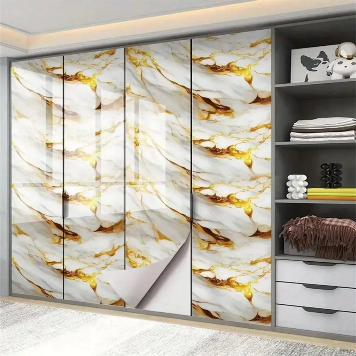 8M Marble Decor Stickers Self Adhesive Waterproof Oil Proof Aluminum Foil Wallpaper for Kitchen Cabinet Countertop Renovation