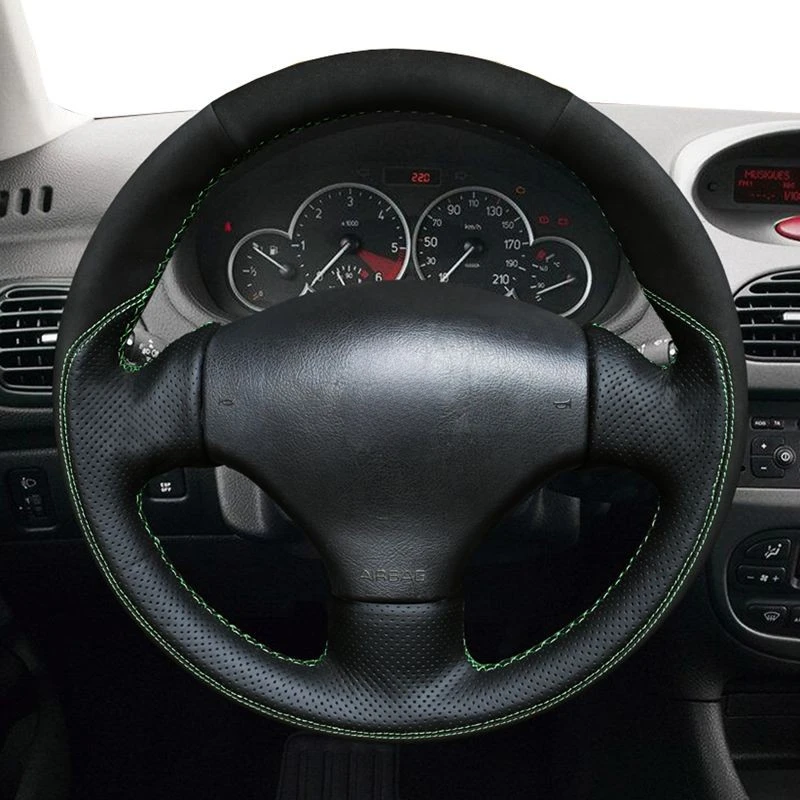 For Peugeot 206 1998-2005 206 SW 2003-2005 206 CC 2004 2005 Hand-Sew Black Genuine Leather Car Steering Wheel Cover