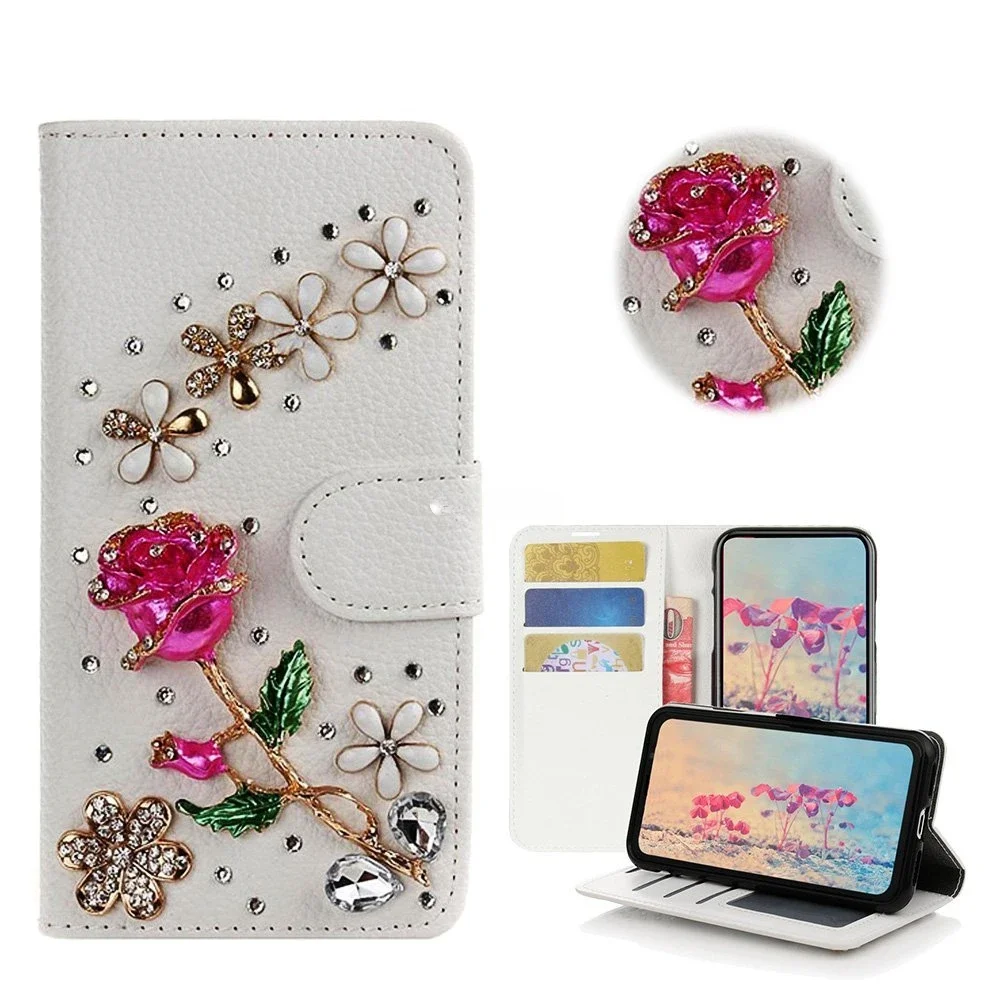 

Leather Case Cover for iPhone 15, 14, 13, 12, 16 Pro Max, Bling Diamond, Beautiful Rose Flower, Card Slot Holder, Flip Wallet