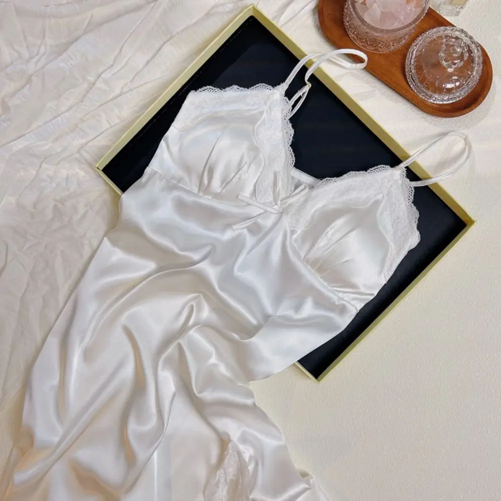 

Модное женское пижамное платье с кружевным бантом, тонкая ночная рубашка из ледяного шелка на подтяжках, одежда для сна без рукавов, тонкая ночная рубашка на бретельках, женская