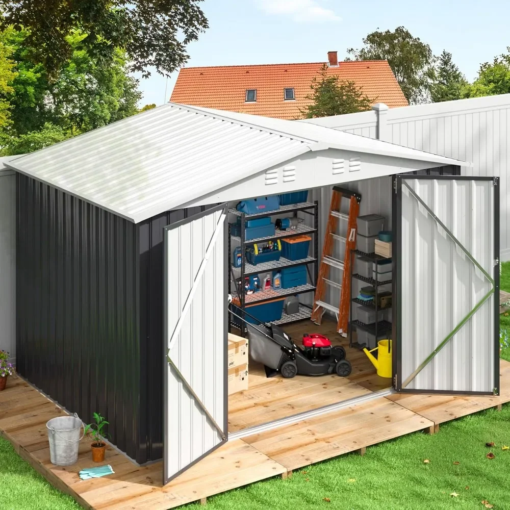 سقيفة تخزين خارجية مقاس 6 × 8 أقدام، سقيفة حديقة معدنية مع هيكل إطار محدث، سقيفة أدوات لحديقة الفناء الخلفي والحديقة باللون الأبيض #2