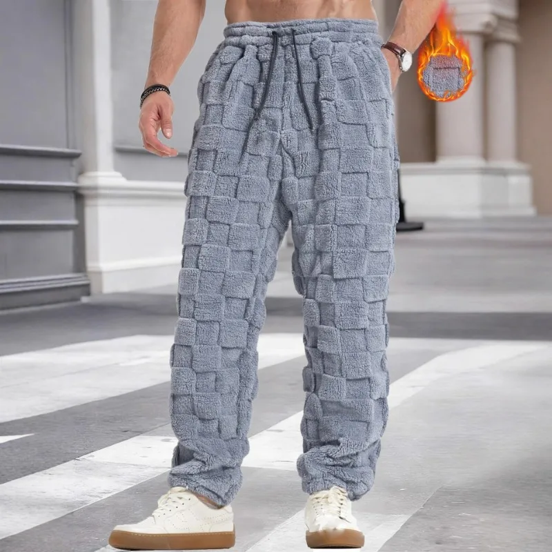 

New Straight-leg Furry Checkered Personalized Warm Sports Casual Autumn and Winter Trousers