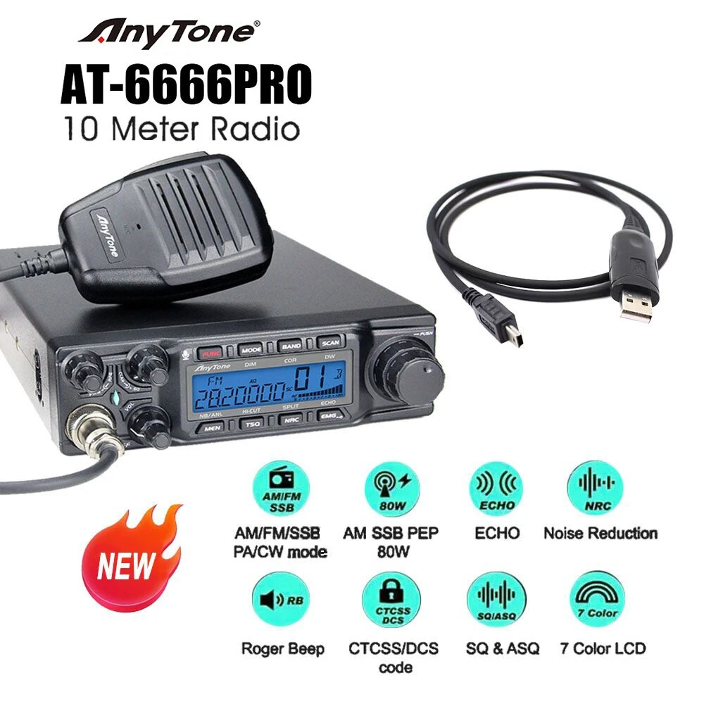 AT-6666PRO 80W High Power Mobile Radio AM/FM/SSB 10M CB Transceiver, Vehicle Type, for Car Truck Fleet Communication