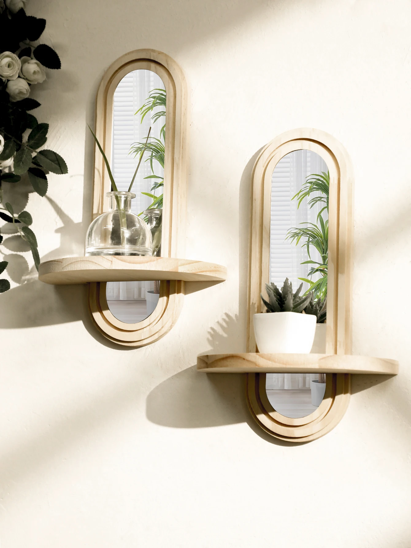 1pc Wooden Wall Shelves Boho Wall Mirror Natural Wood Finish Shelf Plant Display Stand for Bedroom Living Room Home Organization view 3