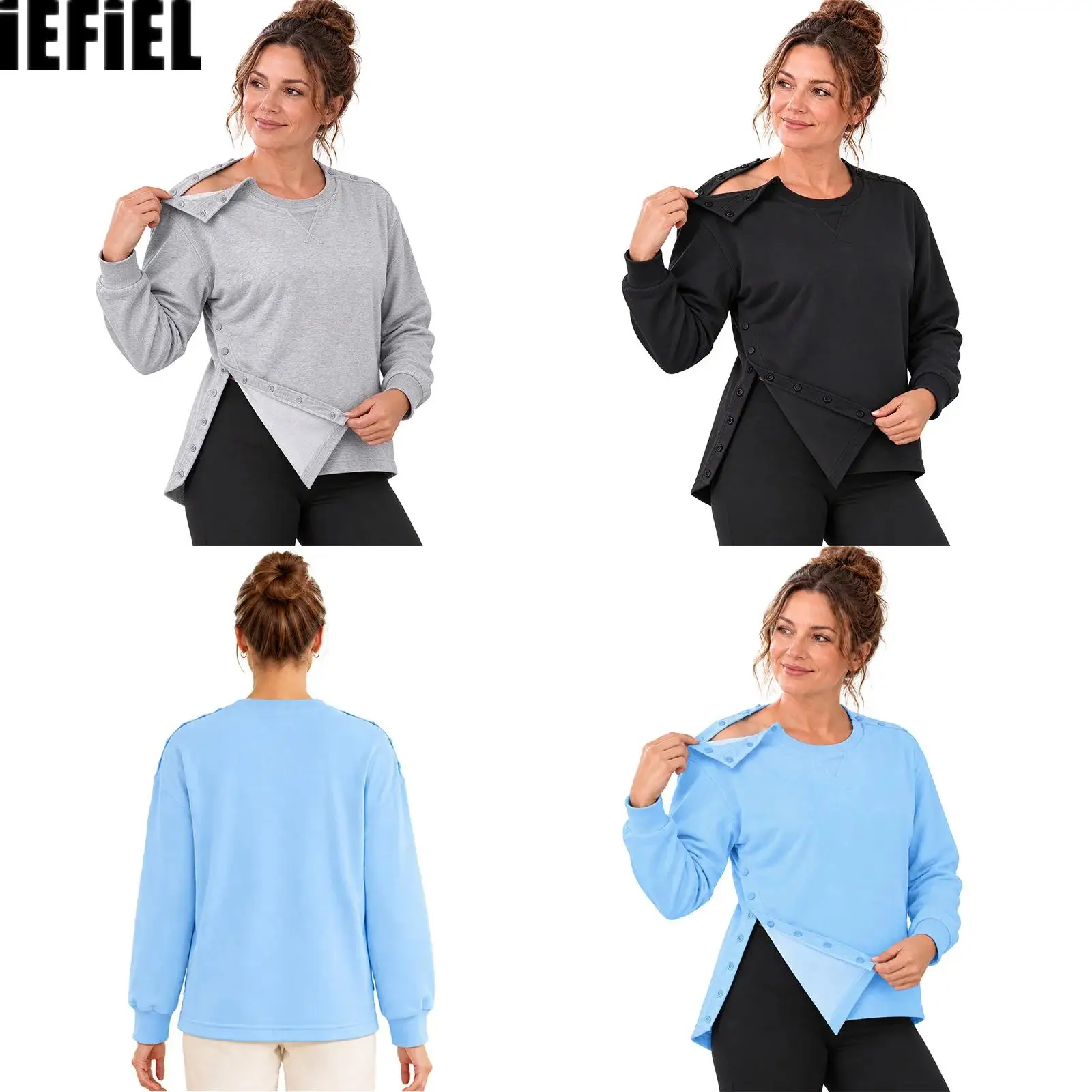 Women Post Surgery Recovery Sweatshirt Top Long Sleeve Press Buttons Closure Solid Color Adaptive Sweatshirt