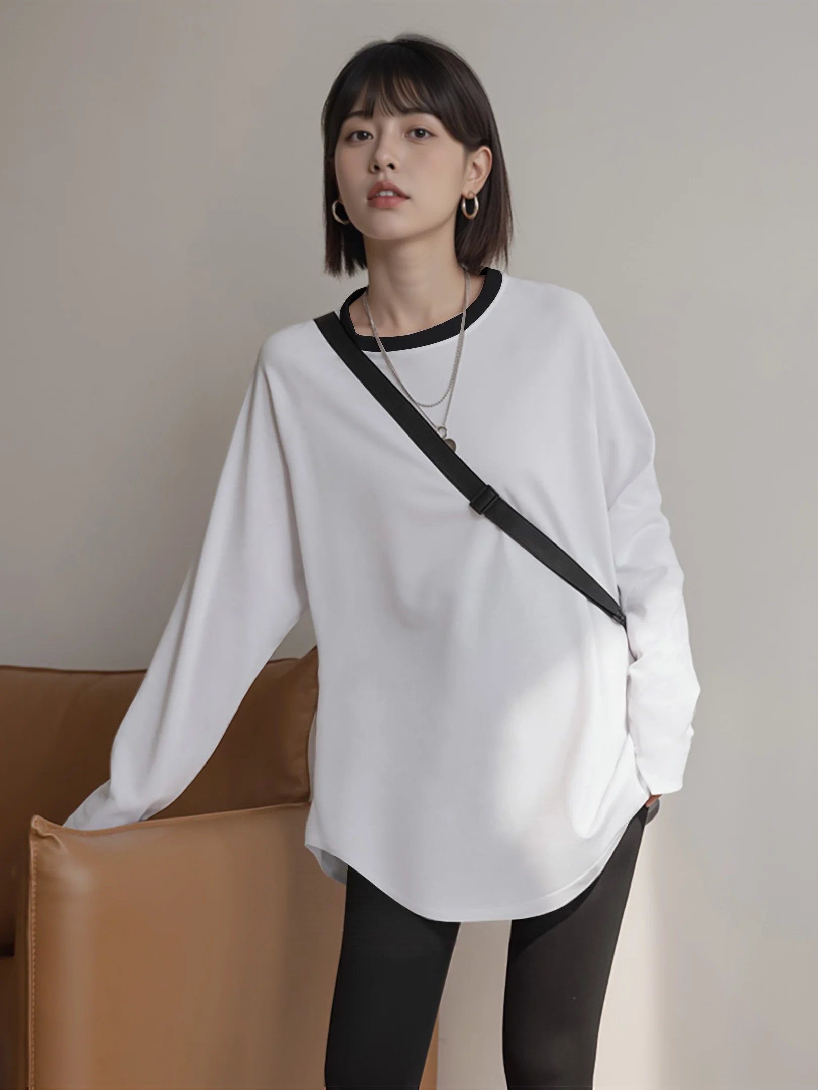 Women's Pure Cotton Long Sleeve T-Shirt Inner Wear Base Shirt Autumn Winter Mid-Length Butt Covering Arc Top Korean Style Com...