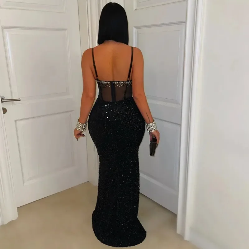 ผู้หญิงเซ็กซี่ SHEER ตาข่าย Patchwork กํามะหยี่ Maxi ชุดราตรี Rhinestones สปาเก็ตตี้สายรัด Backless Bodycon ยาว Robe
