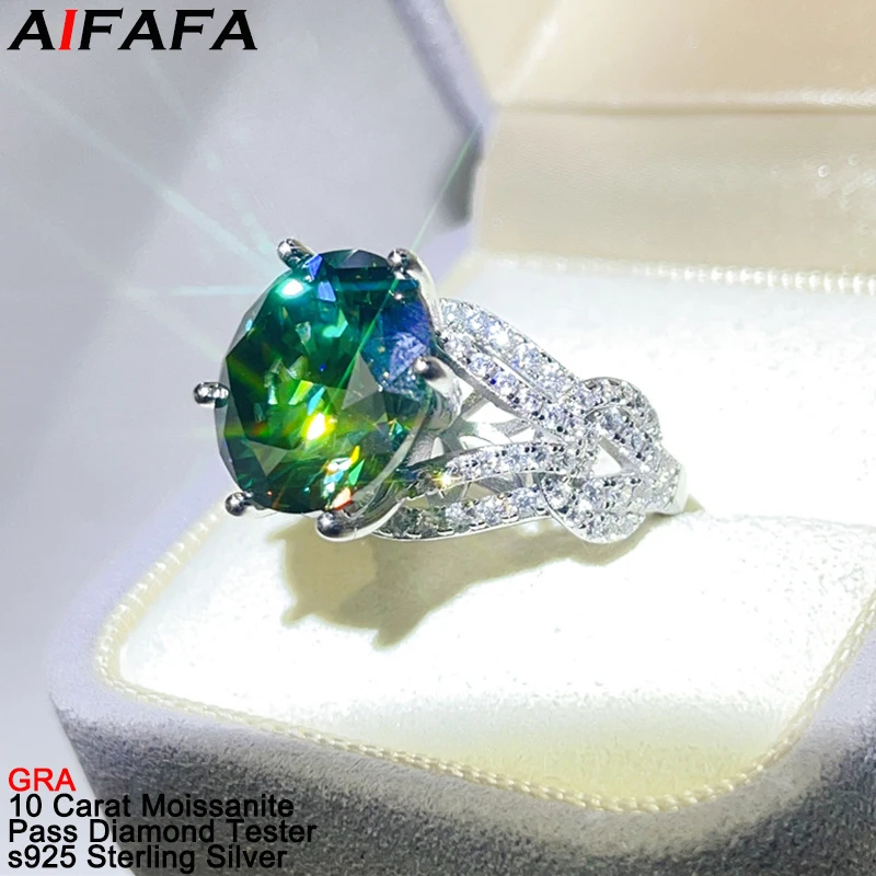 New 10 Carat Green Moissanite Women Rings Shiny s925 Silver Moissanita Lab Grown Diamond Gemstone Plate 18k White Gold Jewelry