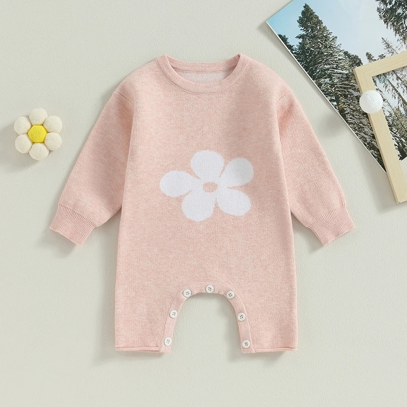 

Mildsown Baby Girls Knit Jumpsuit Flower Print Long Sleeve Round Neck Full Length Pullover Romper Overalls Infant Fall Outfits