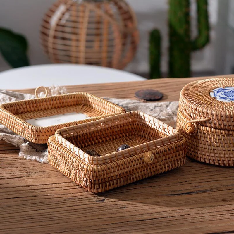 Caja de almacenamiento tejida de ratán con tapa, cajas de joyería hechas a mano, organizador de maquillaje, contenedores de caja de té de madera para artículos diversos, regalo
