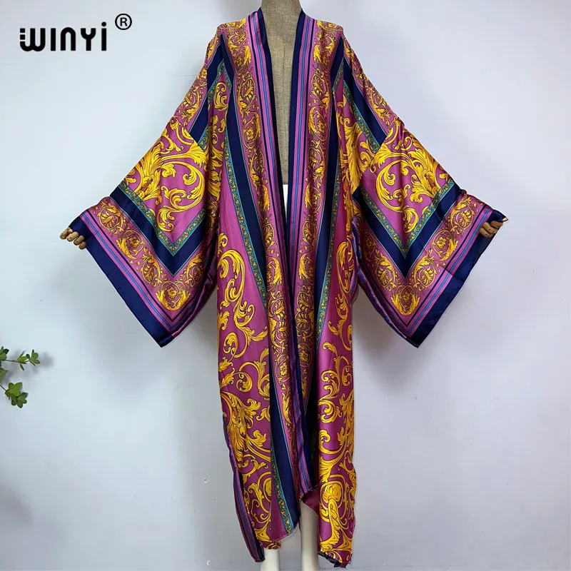 Winyi quimono áfrica verão boho impressão bikini cover-up elegante moda cardigan sexy férias manga longa sentimento de seda maxi vestido