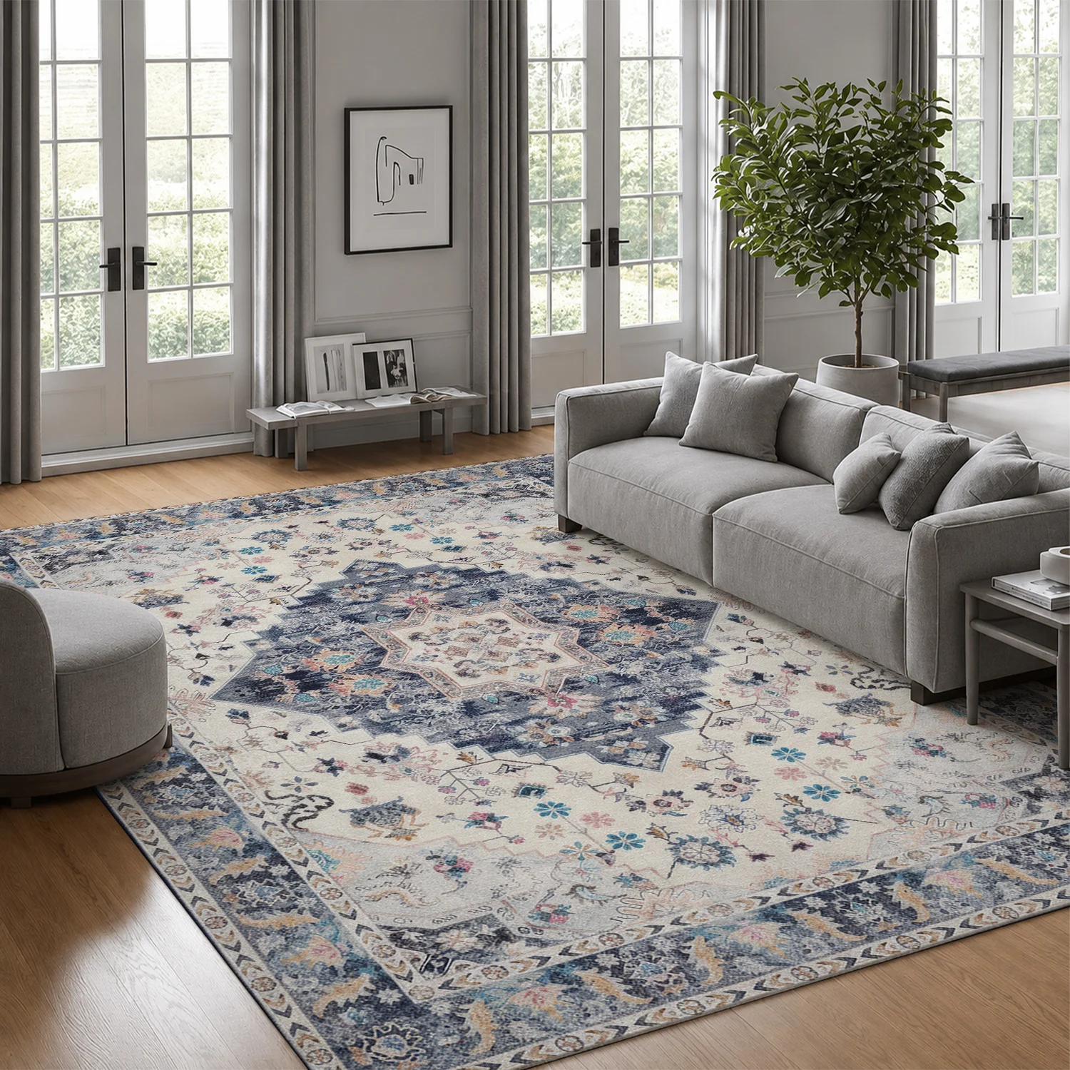 Large Indoor Area Rug, Soft Velvet Low Pile with Non-Slip Dotted Backing, Machine Washable Vintage Medallion Area Rug for Living Room Bedroom, Distressed Blue Cream Floral Pattern Floor Rug