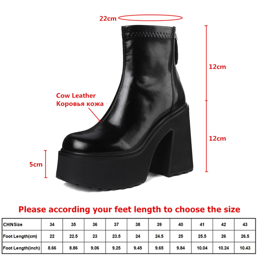 MILI-MIYA Women's Cowhide Leather Anti-Slip Chunky-Heeled Ankle Boots Round Toe With Extra-High Thick Heel Classic Platform