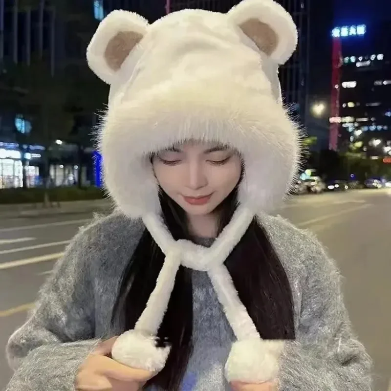 Cappello invernale in peluche con orso Protezione per le orecchie da ciclismo all'aperto Cappello in pile caldo addensato per ragazze Cappello casual da donna Elementi essenziali per il calore
